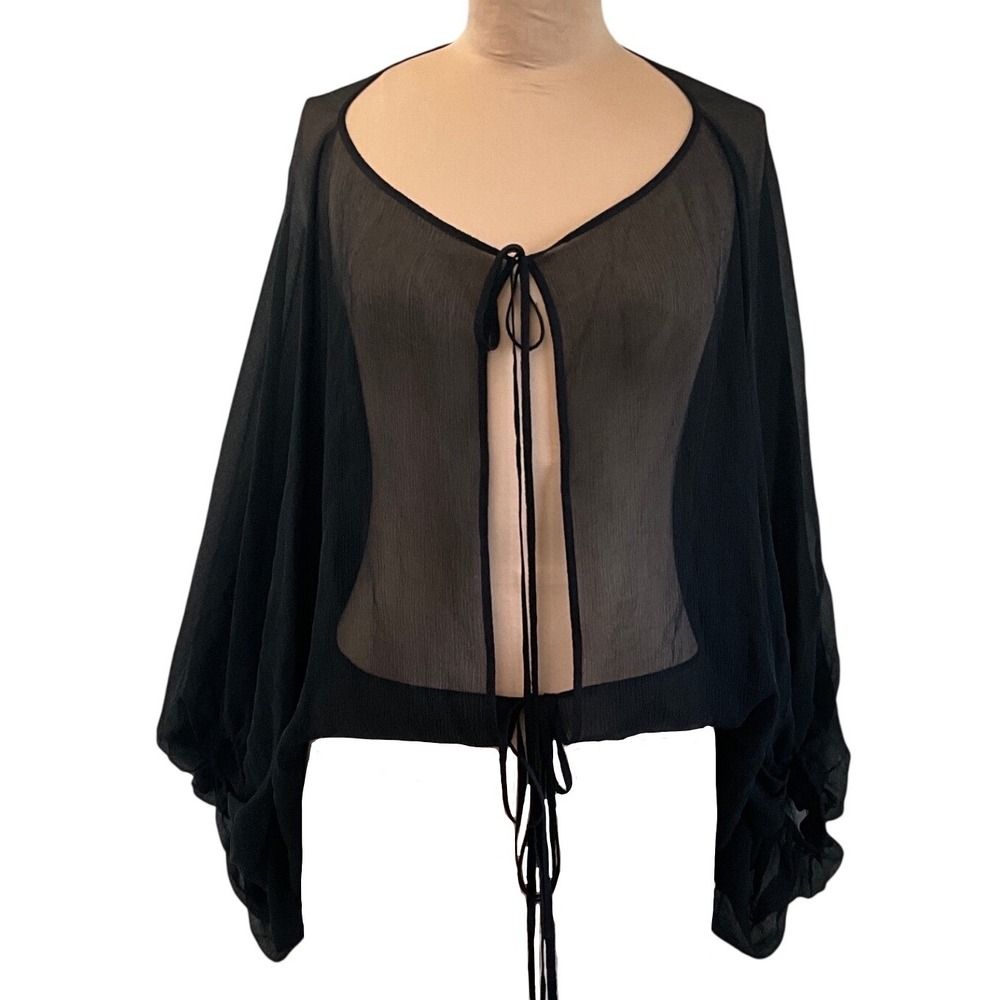 MaxAzria Collection Silk Chiffon Sheer Tie Front Shrug Bolero Black Size XS NWT - Picture 2 of 12